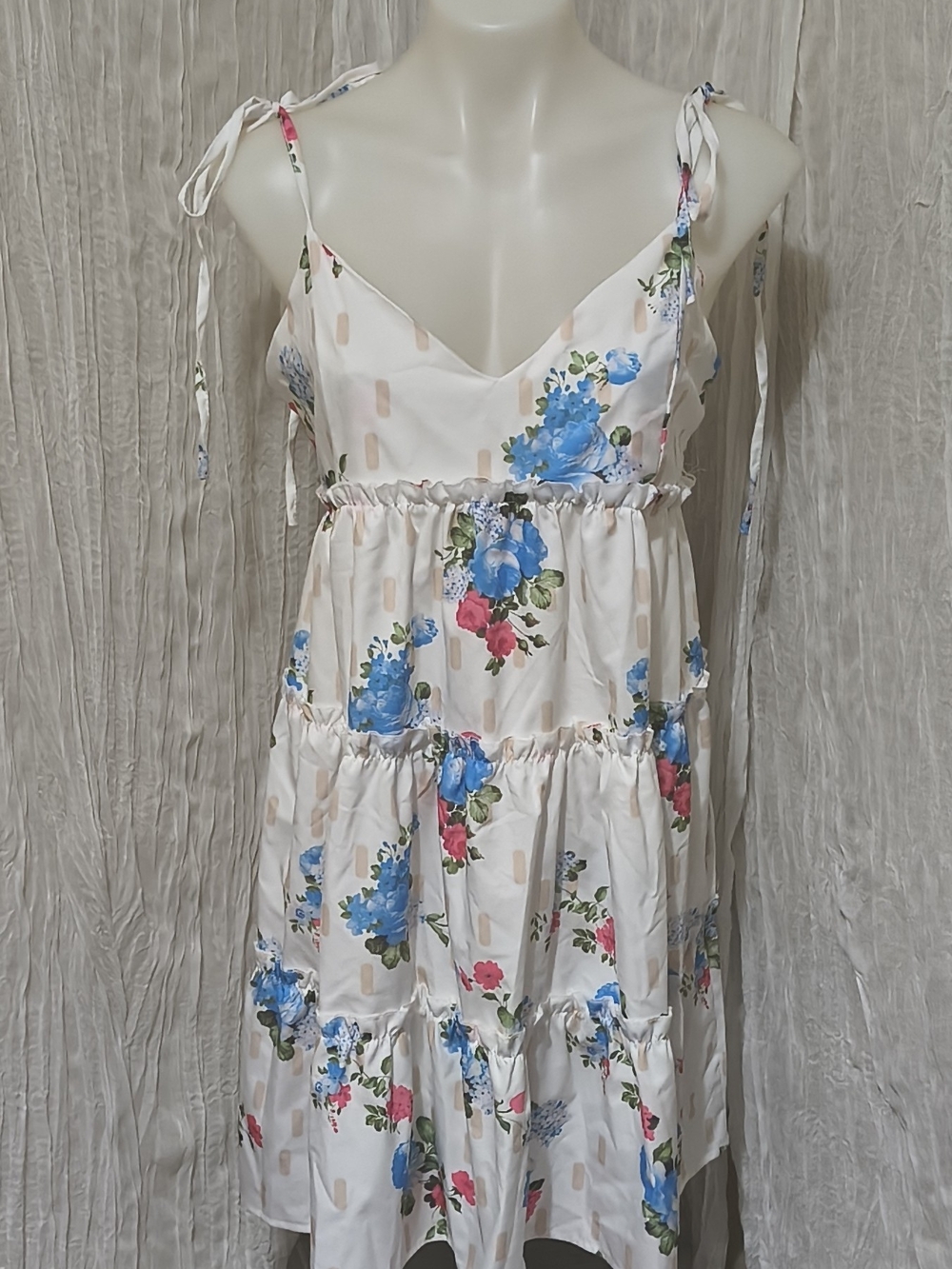 White Floral Tiered Sundress with Blue & Pink Blooms